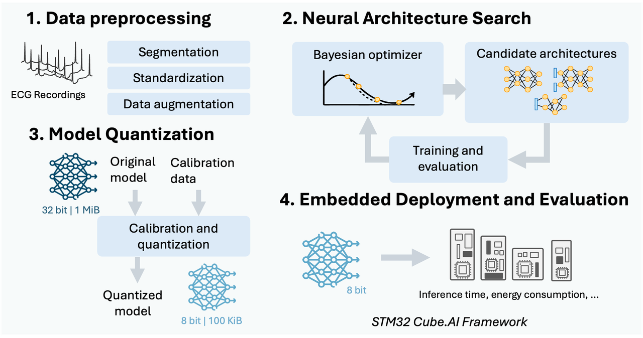 Pipeline from ECG preparation and Bayesian architecture search to INT8 quantization and STM32 deployment.